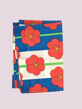 Stevens Utica Big Red Flower on Blue Stripe Gazebo Flat Sheet 1970s Mod 66 X 104